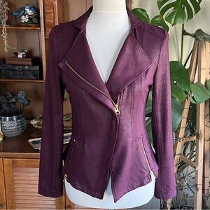 CLARA SUNWOO Deep Purple Eggplant Liquid Faux Leather Moto Jacket w/ Gold XS